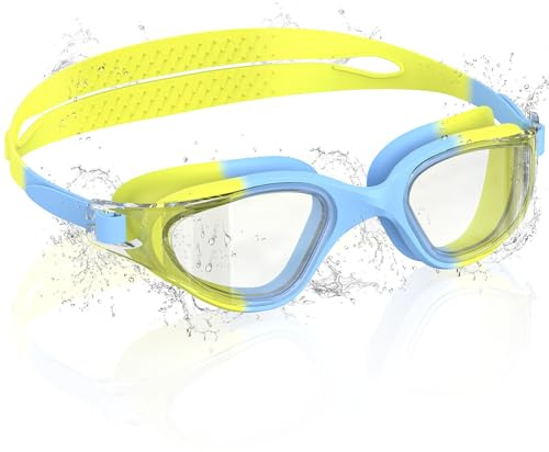 Ambienden Occhiali da Nuoto per Bambini, HD 180° con Visione, Occhialini Piscina per 3-14, Anti-Fog, Protezione UV, Regolazione Rapida, Guarnizione in Silicone, Occhiali da Nuoto Unisex, T-BlueYL