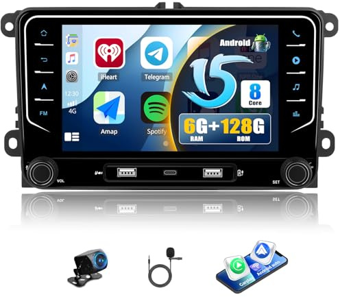 6+128G CAMECHO 8-Kern Android 15 Autoradio für VW Golf 5 Polo Golf 6 Passat B6 B7 Touran Tiguan Caddy, 7 Zoll Navi Radio 2 Din mit Wireless Carplay GPS WiFi Bluetooth Android Auto +Rückfahrkamera