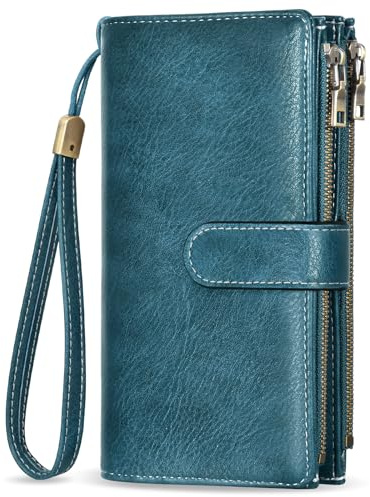 VOBUKE Portafoglio Donna Grande in Pelle Vintage Blocco RFID Portamonete con 16 Carte Porta Carte Portafoglio Lungo da Donna con 5 Divisorio per Banconote Cerniera E Tracolla Staccabile