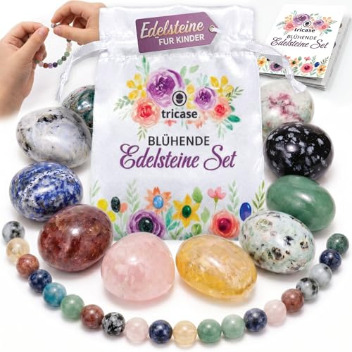 Edelsteine für Kinder – Buntes Trommelstein Set: 10 große Steine & 20 kleine Perlen zum Armband basteln – Bastelset Geschenk Mädchen 6 7 8 9 10 Jahre – Gastgeschenk Kindergeburtstag Mitbringsel Kinder