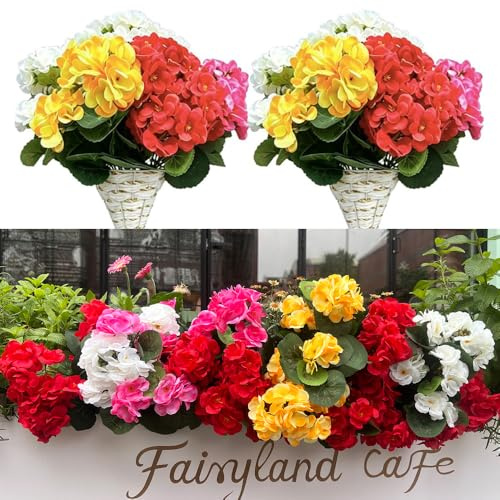 Amajoy 4 mazzi di gerani artificiali per esterni, resistenti ai raggi UV, fiori di seta finti per casa, giardino, balcone, finestre, fioriere da appendere (colori misti)