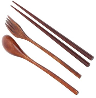 AKOOSY Ensemble de Couverts en Bois Japonerie et Coréen, 3 Pièces Légères et Faciles à Transporter Pochette de Rangement, pour Camping et Bureau