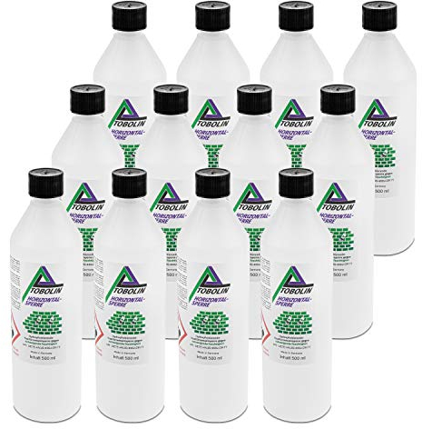 TOBOLIN Horizontalsperre 12 x 500 mL + 12x Injektionsaufsatz f. trockene Wand – Mauerwerkstrockenlegung & Keller abdichten - Wassersperre gegen aufsteigende Feuchtigkeit - Alternative zur Verkieselung