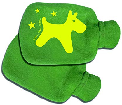 SupaRina Wärmflaschen-Bezug für Jungen und Mädchen mit Namen personalisiert und Motiv Hund Grün Gelb, Farben und Motiv nach Wahl, befüllbar kalt oder warm, Kuschel-Fleece 28x16 cm, auch mit Flasche
