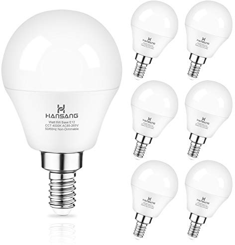 Ceiling Fan Light Bulb E12 LED Bulb 4000K Natural Daylight Candelabra LED bulb 60 Watt Equivalent Hansang Chandelier Light Bulbs A15 Shape Candelabra Base for Ceiling Lights,600LM, Non-Dimmable 6 Pack