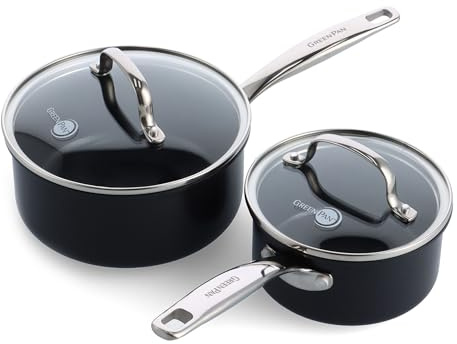 GreenPan Prime Midnight Hard Anodized Healthy Ceramic Nonstick, 1QT and 2QT Saucepan Pot Set with Lids, PFAS-Free, Dishwasher Safe, Oven Safe, Black