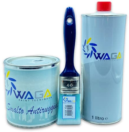 WAGA PAINT S.R.L. Kit Smalto Sintetico Antiruggine 750ML con Diluente 1LT e Pennello, Anticorrosivo, Alta Copertura Interni ed Esterni per Ferro, Acciaio, Legno (MARRONE FANGO)