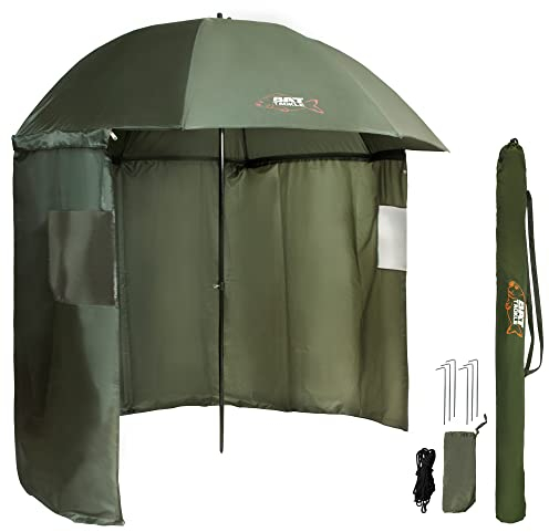BAT Tackle Angelschirm mit Seitenwand | Inkl. Heringe und Abspannleinen | Schirmzelt | Windschutz | Regenschirm (Olivgrün, 220cm)