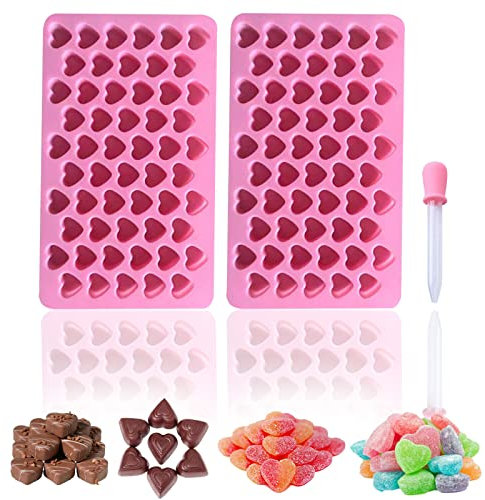 HYCSC Mini Gummy Molds - 55 Cavity Heart Silicone Candy Molds, Heart Ice Cube Trays with Dropper, Great for Gummies, Ice, Soap, Candy, Jelly(2PCS)