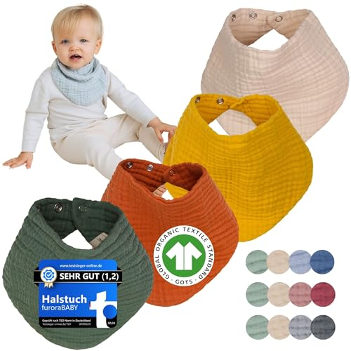 furora BABY Musselin Halstuch Baby Mädchen & Jungen, bio Baumwolle OEKO-TEX: Set (4 Stück) Dreieckstuch Baby Winter + Sommer | Lätzchen Baby Neugeborene- Kinder 4 Jahre: weich saugfähig