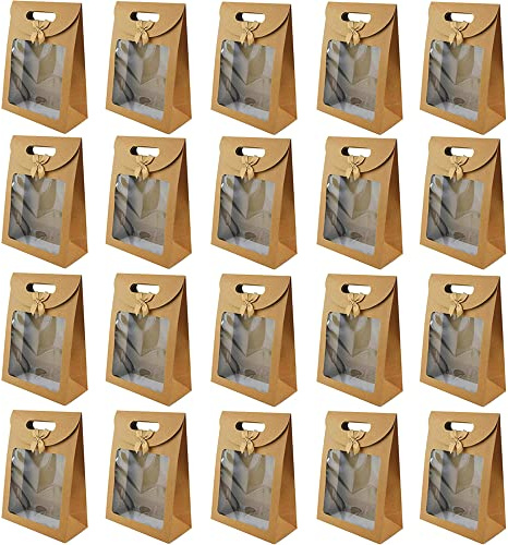 20 Stücke Geschenktaschen mit Henkel, Papier Geschenktüten,20 x 14 x 7 cm | Kraftpapierbeutel, Papiertüten mit Henkel, Geschenktüten mit Griffen, zum Verpacken von Süßigkeiten, Keksen, Snacks