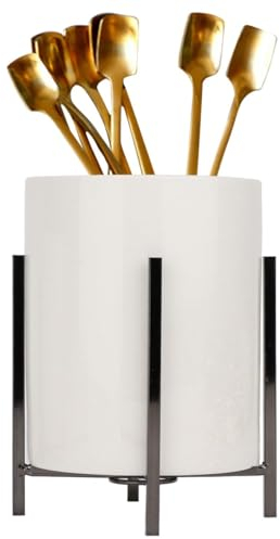 LOUIE SILNA Ceramic Kitchen Utensil Holder with a Fixed Metal Frame, Black and White Cutlery Tray, Kitchen Utensil Organiser, Cutlery Basket for Organising Drawers and Worktops