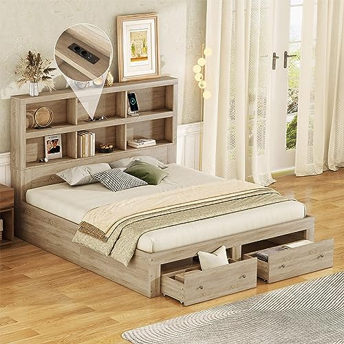 KecDuey Cama de matrimonio de 160 x 200 cm, de madera maciza, con dos cajones a los pies de la cama, cabecero con espacio de almacenamiento, color natural