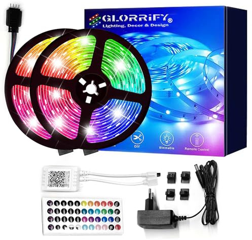 Glorrify Ruban LED RGB 10m Bande LED Multicolore pour Chambre et Maison – LED Strip Adhésive 30 LED/m, Dimmable avec Télécommande et Effets Sonores