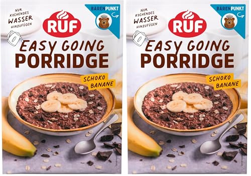 RUF Porridge Schoko Banane mit Vollkorn-Haferflocken, Kakaopulver und Bananenchips, noch knackiger wird’s mit frischen Nüssen verfeinert, 1x65g Beutel (Packung mit 2)