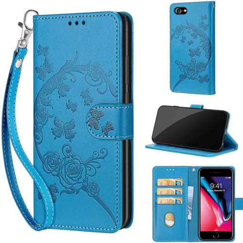 TOMYOU Handyhülle für iPhone 7/8 / SE2 / SE3 Hülle, Schmetterling Blau | Stoßfeste Flip Schutzhülle, Kartenfächer, Standfunktion,Magnetisch, Kunstleder, Klappbar Brieftasche