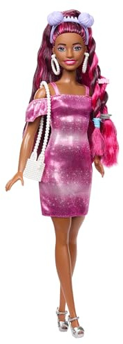 Barbie® Fun & Fancy Hair Poupée avec cheveux noirs colorés extra-longs et robe rose brillante ainsi que 10 accessoires de mode et de coiffure, JDC86