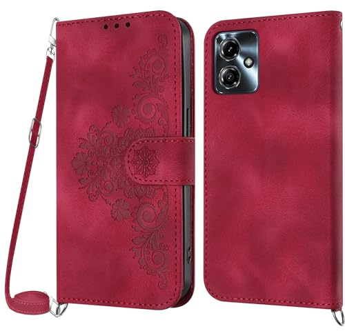 NETANY Funda para Motorola Moto G14 4G con Cuerda, Flip Billetera Funda Tapa Libro PU Cuero con Ajustable Cordón,【2 Ranuras】【Magnética】,Funda Piel Carcasa Case para Motorola Moto G14 4G Cuerda (Rojo)