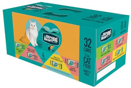 A Strong Heart Canned Wet Cat Food, Dinner Variety Pack - 5.5 oz Cans (Pack of 32), Made in The USA with Real Chicken, Turkey & Salmon