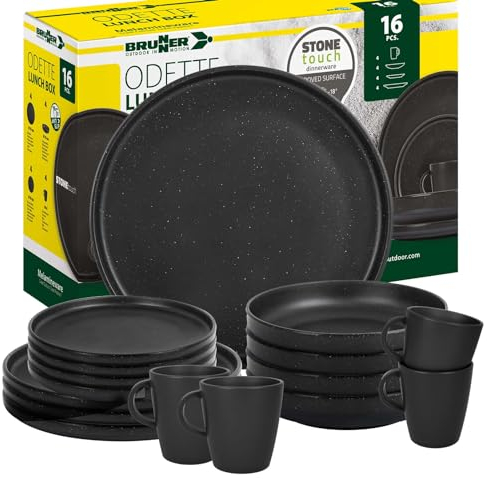 BRUNNER: Melamin Geschirr-Set Camping | 16-Teilig - Teller & Becher für 2-4 Personen | Lunch Box ODETTE - Stapelbar, Kratzfest