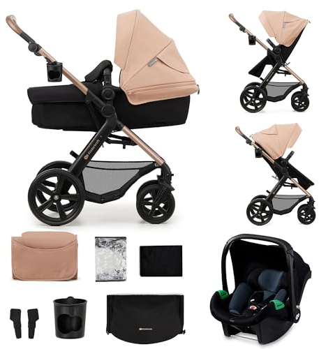 Kinderkraft MOOV2 Poussette 3 en 1, Système de voyage de la naissance à 27 kg, Siège auto Mink PRO I-Size inclus, Capote extensible avec filtre UPF50+, Accessoires pratiques, Beige