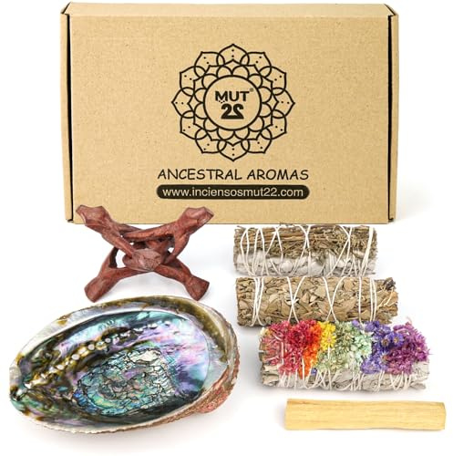 MUT22 Räucherset mit Stativ, Palo Santo, Weißer Salbei mit Beifuß, Sieben-Blumen-Salbei, Wacholdersalbei, Abalone-Schale - Komplettset zur Reinigung und Harmonisierung
