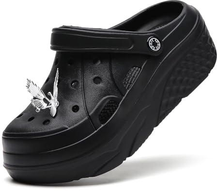 Scarpe da giardino da donna con tacco alto, 6 cm, con plateau, sandali con ciondoli staccabili a farfalla, Nero , 39 EU