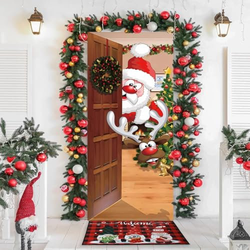 Giugio Weihnachten Tür Abdeckung Dekoration, 90cm x 200cmWeihnachtsmann Tür Decke, Weihnachtsmann Hängen Banner Hintergrund, Weihnachtsbanner für Haus Haustür Veranda Weihnachten Deko