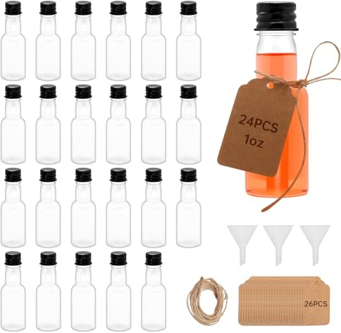 eispap 24Pcs Plastic Mini Liquor,Thick neck Empty Spirit Bottles with Black Screw Cap,Reusable Plastic Alcohol Shot Bottles for Baby Shower,Party,Weddings (24, PC, Round, 1, ounces)