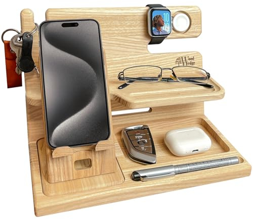 Wood Wedge Handgefertigte Holz Dockingstation – 2-in-1 Nachttisch & Schreibtisch Organizer mit abnehmbarem Handyhalter, Geschenk für Männer & Frauen, Valentinstag & Geburtstagsgeschenk für Papa, Mama