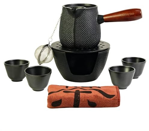 SECHUDO Théière japonaise en fonte de 600 ml pour cuisinière sans couvercle, service à thé de 600,3 ml avec tasses à thé en acier inoxydable et chauffe-thé en fonte, boule à thé pour feuilles mobiles,