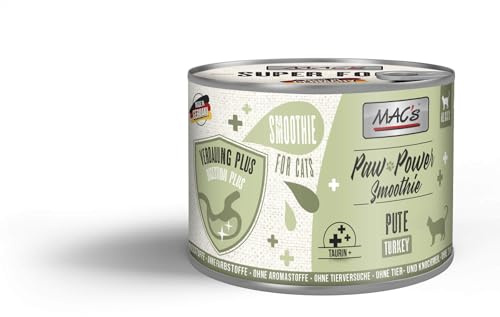 Mac's Cat Paw Power Smoothie 6 x 200g Pute | Getreidefreier Katzensnack | Mit Löwenzahn, Apfel & Öl | Vielseitig als Topping, Trinkwasserzusatz & Schleck-Snack | Hoher Fleischanteil
