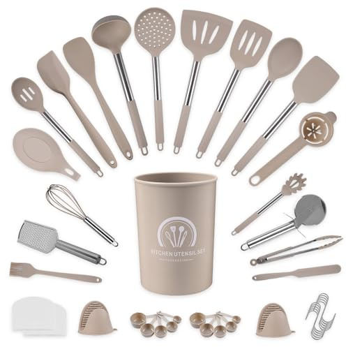 Küchenhelfer Set 45-teilig Küchenutensilien Set Silikon, Spülmaschinenfest mit Utensilienhalter, Hitzebeständig, Antihaft Kochgeschirr, Küchenzubehör Hellbraun
