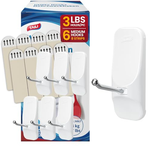TAILI Hooks for Hanging,6 Wire Sticky Hooks and 8 Adhesive Strips, White Utility Hooks for Painted Wall, No Damage Heavy Duty Holds up to 3 lb, Removable & Reusable for Door, Dorm, Clothes, Kitchen