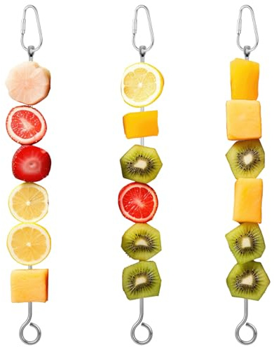 ElevateTech 3Pcs Bird Food Holder, Stainless Steel Small Animal Bird Food Treats Skewer Hanging Vegetable Fruit Feeder Feed Treating Tool Suitable Parrots Cockatoo Cockatiel (Silver)