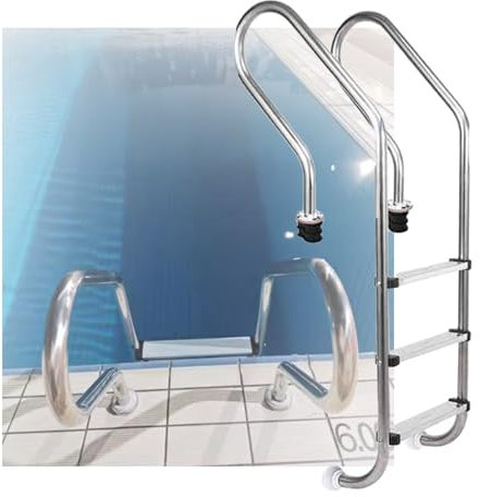 Escalera De Piscina De 3 Escalones, Pedal De Piscina con Pasamanos Extendido, Escalón De Acero Inoxidable For Parque Acuático, Piscina Cubierta Y Estanque De Peces.(Pre-Buried,3-Steps1.5mm)