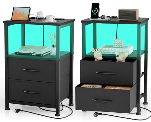Yornoli Nachttisch 2er Set mit LED & Ladefunktion, Beistelltisch mit Schublade, Nachttische mit 3 AC-Anschlüsse & 2 USB-Anschlüssen, Beistelltische fürs Wohnzimmer, Schlafzimmer, Schwarz