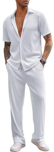 Jamron Uomo 2 Pezzi Completi Camicia e Pantaloni Abbigliamento Estivo Casual (Più Grande dello Standard) Bianco SN0703192 M