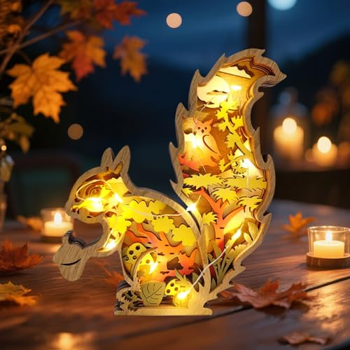 Herbstdeko Beleuchtung Holz, 3D Herbst Dekoration Hohl Ahornblatt Kürbis Mit LED Lichterkette, Herbst Deko Innen Für Schlafzimmer Wohnzimmer TischDeko, Geschenk Für Erntedank (Eichhörnchen)