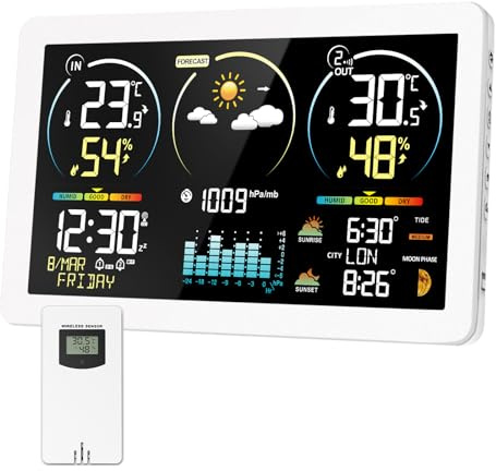 Station Météo sans Fil avec Capteur, Thermomètre Hygromètre Numériques Intérieure Extérieure, Ecran LCD Couleur,Calendrier l'horloge Réveil Snooze Prévisions Météorologiques horloge atomique (Blanc)