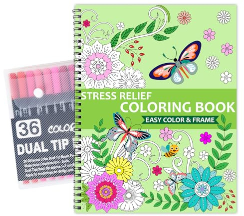 Atoke Livre de coloriage avec 36 Feutres Coloriage Adulte, 30 motifs relaxants, livres de coloriage à spirales pour femmes, livre de coloriage pour adultes Anti-Stress