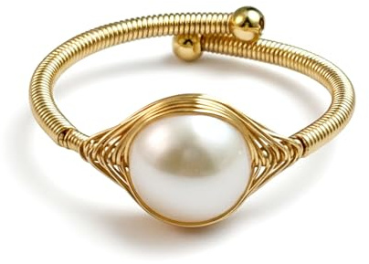 Sunongxin Gold Pearl Ring, Handmade Adjustable Ring with Freshwater Pearl, Vintage Jewelry for Women (Round)