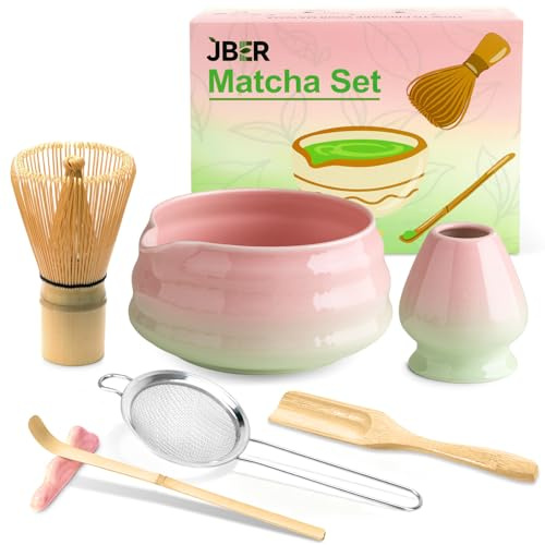 JBER Matcha-set, Matcha teset 7 delar – matcha kvast och kvasthållare, matcha skål av keramik, sil, matcha sked och hållare, japanskt matchaset (pip rosa grön)