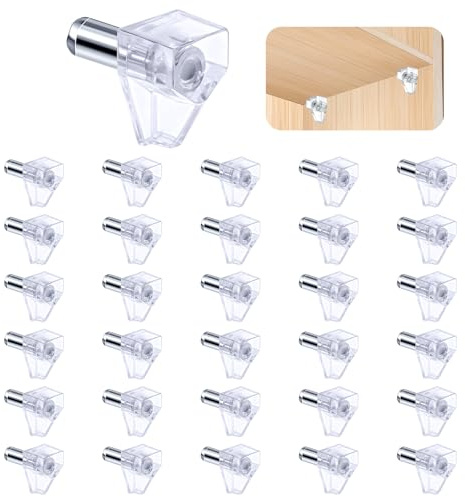 NUTKIT 30 Pezzi Supporto Perno per Reggimensola Vetro, 5 mm Sturdy Angle Support for Shelves, in Plastica+Metallo, Supporto per Mensola per Mobili, Armadi, Librerie, Vetro e Legno - TRASPARENTE