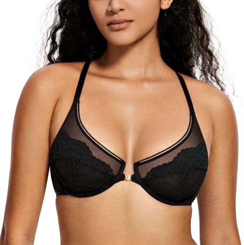Deyllo Bras for Women Push Up Deep V Sexy Lace Front Fastening Bra, Comfort Soft Plunge Underwire Support Bras Lift Up(Black,36D)