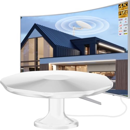 Antenne TV Extérieure Puissante, Antenne TV Exterieure Réception 360°Longue Portée 600km, Antenne TNT Exterieur TNT HD 4K DVB-T/T2, Antenne Camping Car pour Canaux Locaux, Câble Coaxial de 32.8 ft