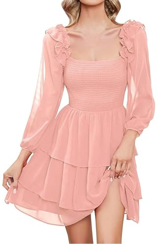 2026 vestido casual de moda para mujer con volantes, cuello cuadrado mangas abullonadas, Rosa., S