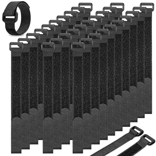 AIRUEEK Lot de 30 Serre Câble Réutilisable avec Boucle de Suspension, Sangle Scratch Nylon 30cm x 20mm pour Gestion des Câbles PC, Bureau, Rangement Maison et Outils - Noir