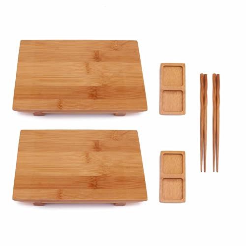 BambooMN Bamboo Sushi Plate/Tray, Chopsticks and Compartment Sauce Dish, 11.5 Rectangle - 2 Sets