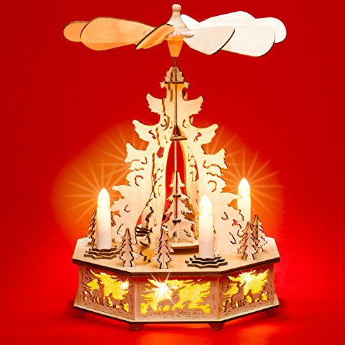 SIKORA P31 LED Holz Weihnachtspyramide mit elektrischem Antrieb und beleuchteten Kerzen und Sockel Pyramide Weihnachten Deko H: 32,5 cm, Farbe/Modell:A01 Motiv Waldszene mit geschnitzten Rehen